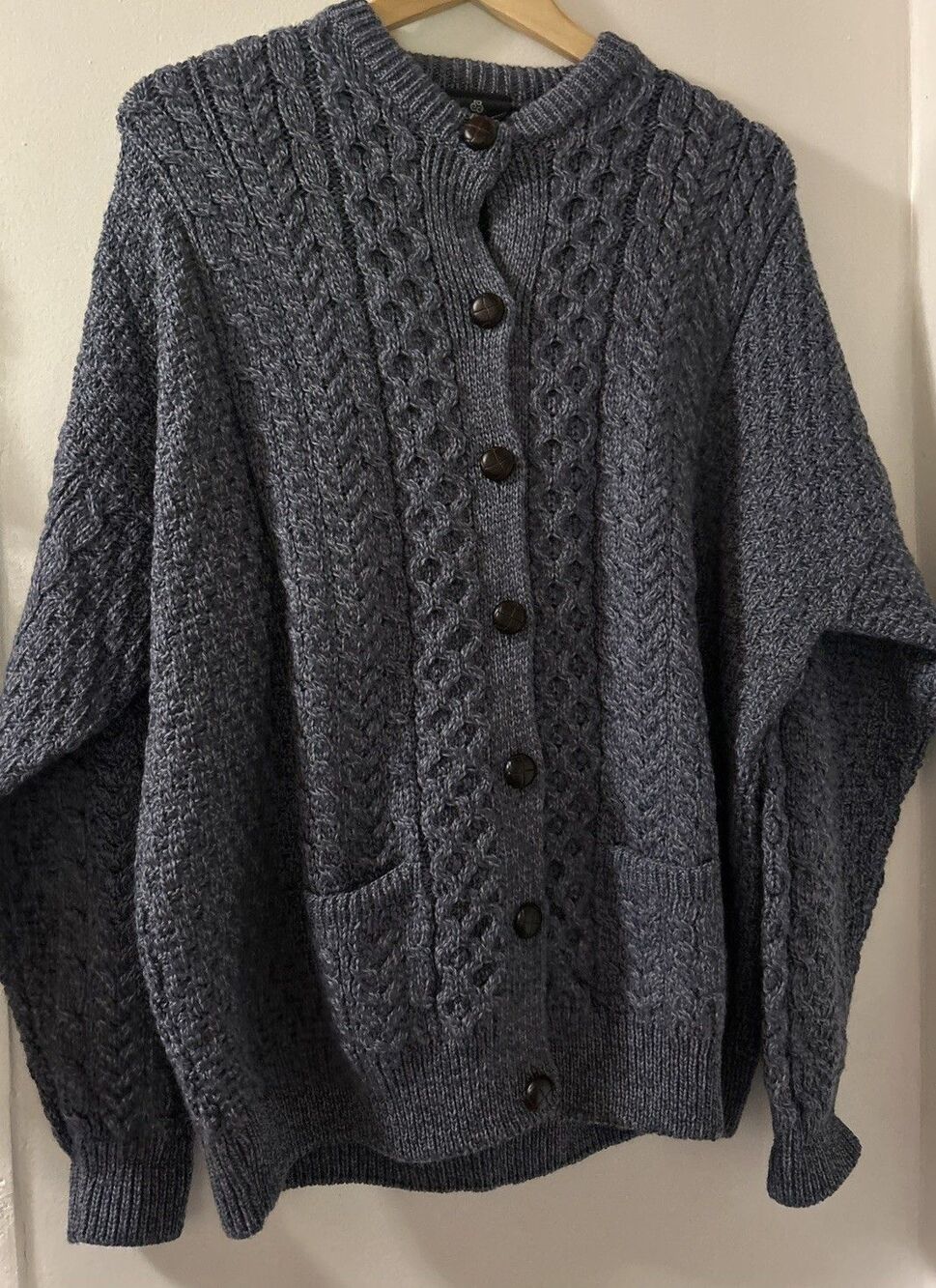 Aran Woollen Mills Gray Merino Wool Cable Knit Cardigan Sweater Ireland 2XL Blue